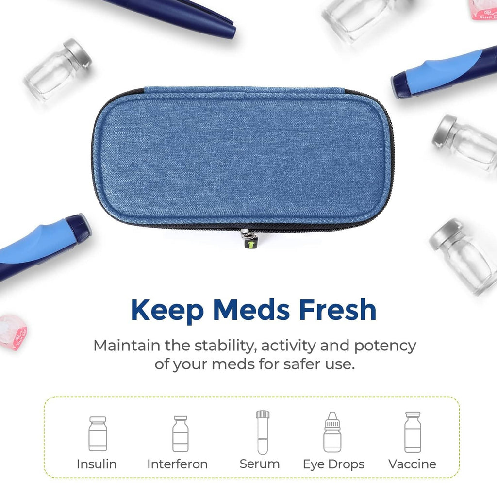 Blue zip-top cooler case, flat rectangular body with zipper pull