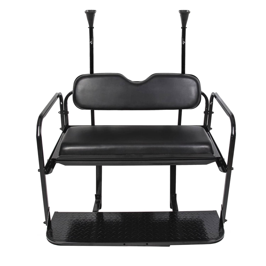 Rear flip golf cart back seat kit with black vinyl cushions and steel frame