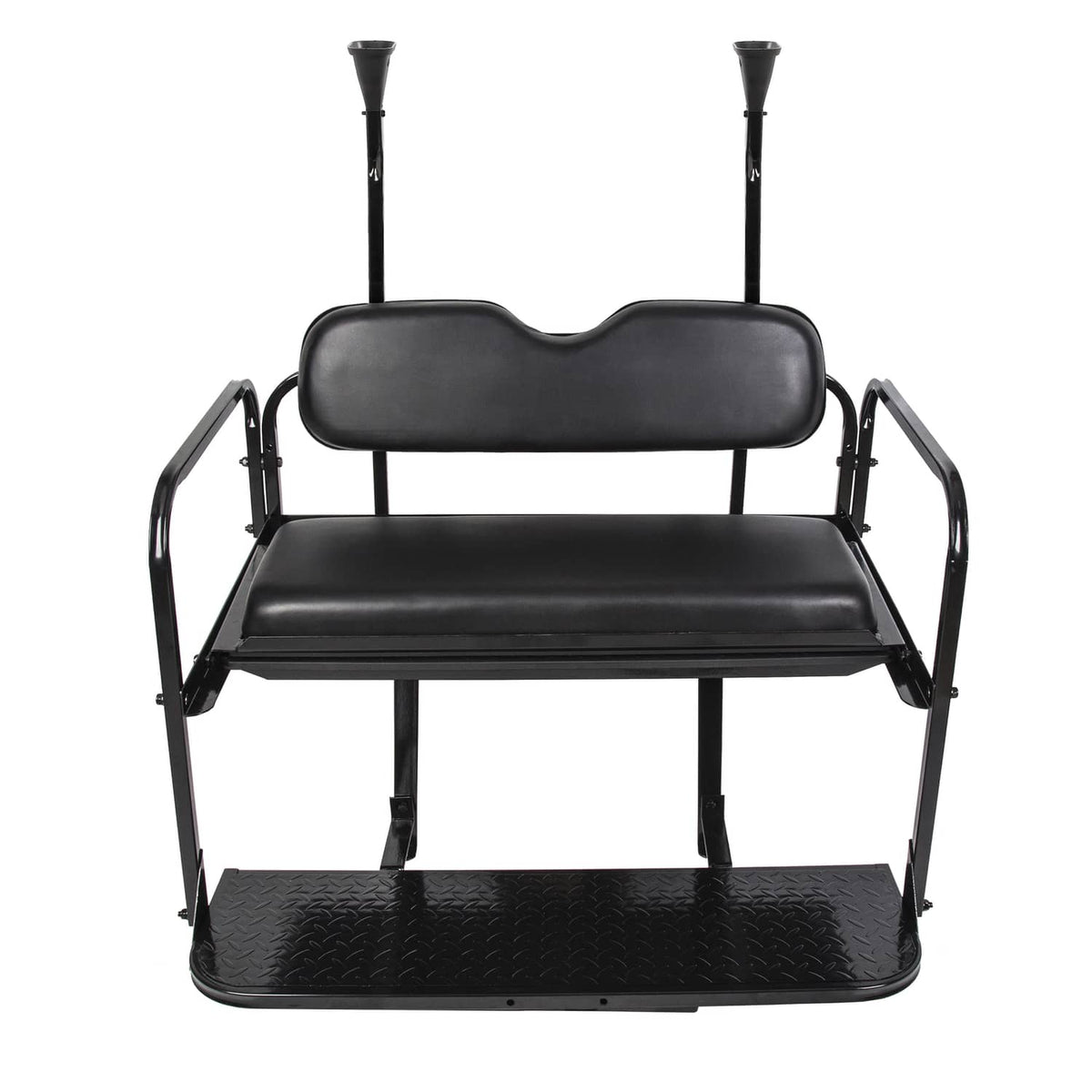 Rear flip golf cart back seat kit with black vinyl cushions and steel frame