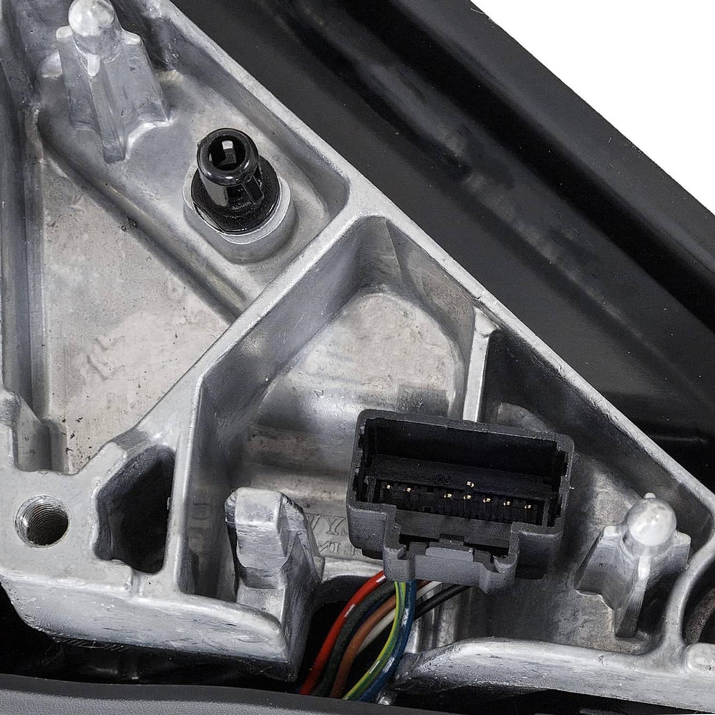 Left power side mirror wiring connector and mounting bracket, black electronic plug.