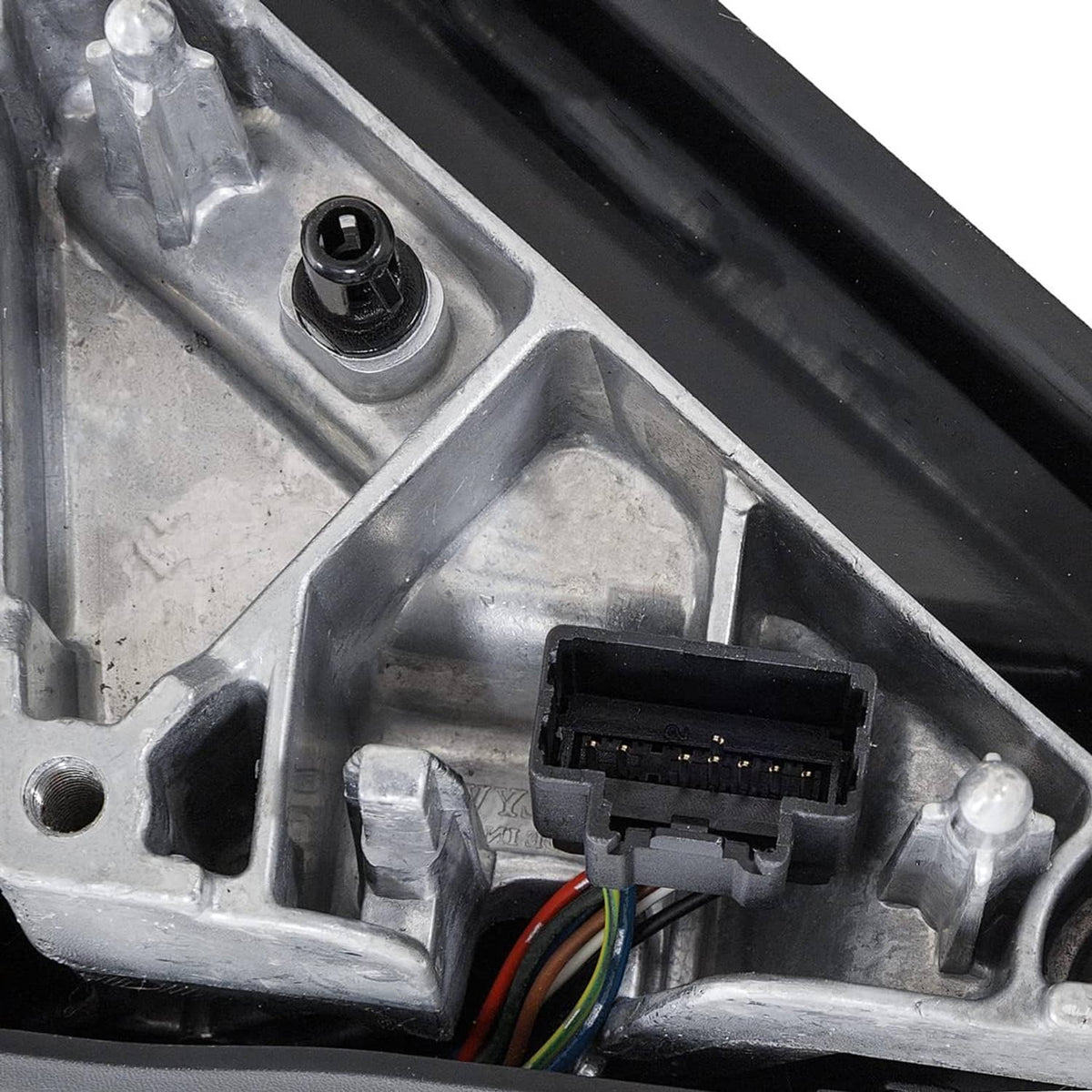 Left power side mirror wiring connector and mounting bracket, black electronic plug.