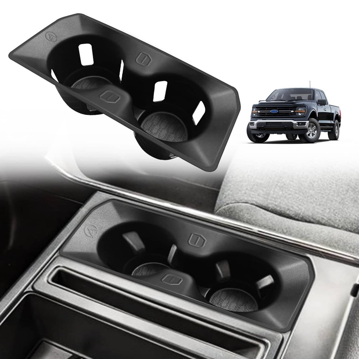 Black center console cup holder insert for F-150 bucket seats, two round cup slots