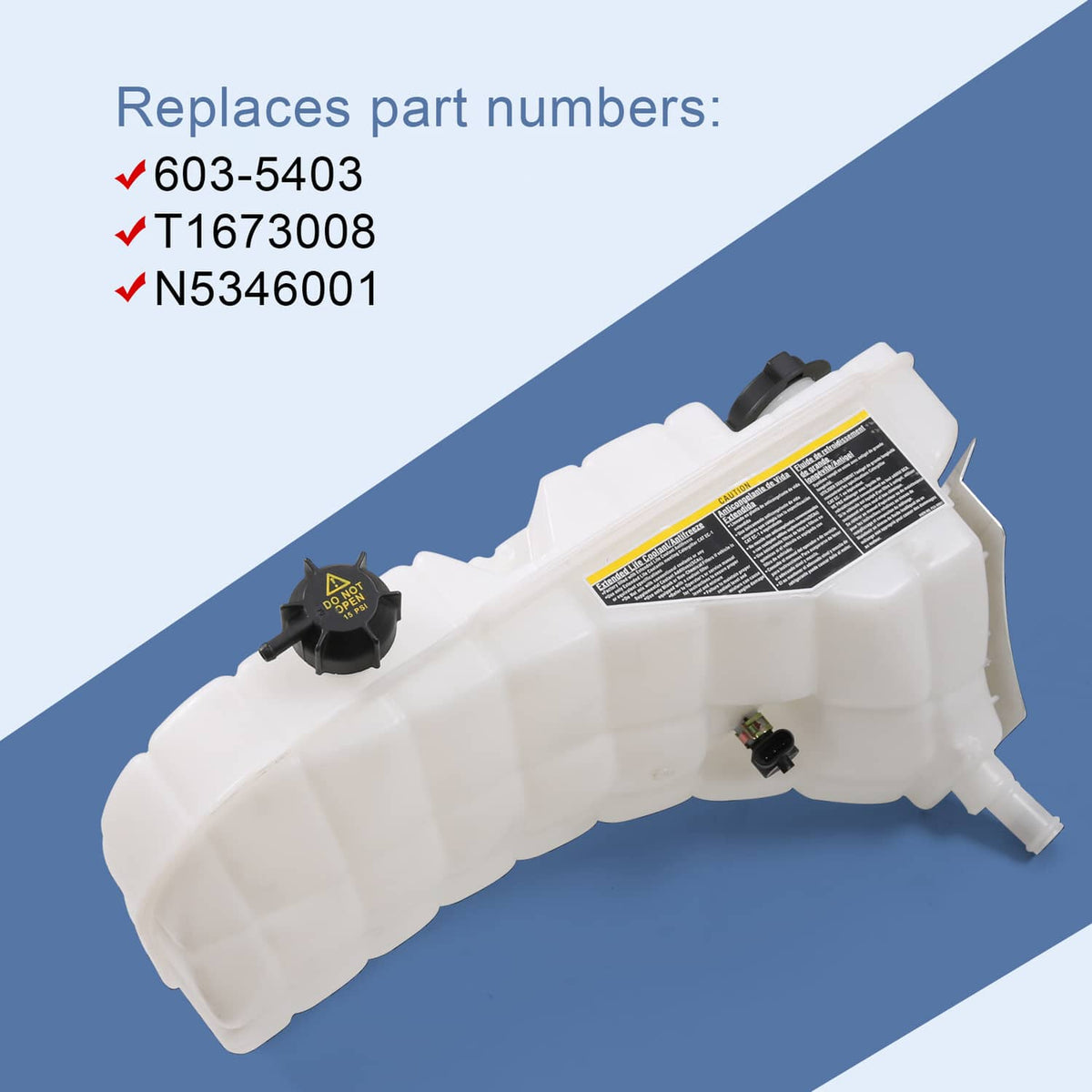 Coolant recovery reservoir bottle tank, white plastic with black cap and side sensor