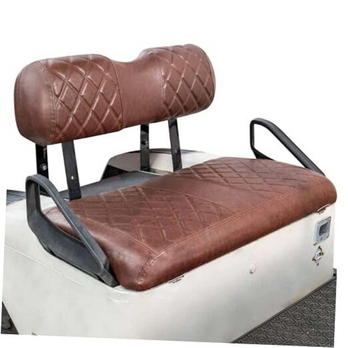 Brown diamond-quilted golf cart seat cover with stitched seams