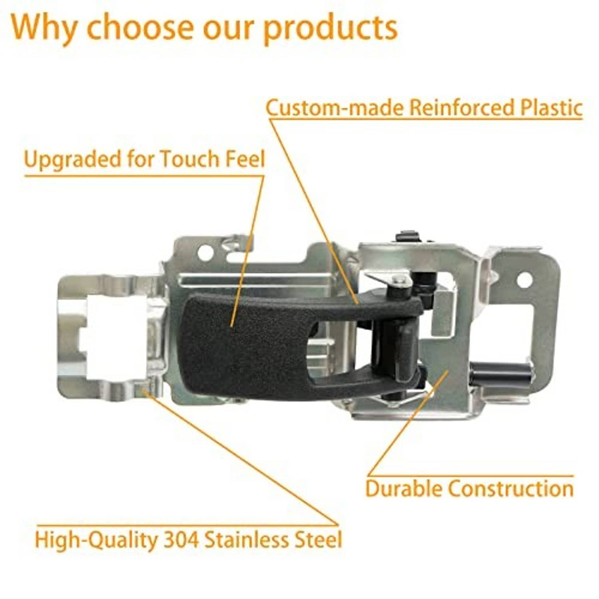 Door handle latch mechanism with black insert, silver metal base and mounts