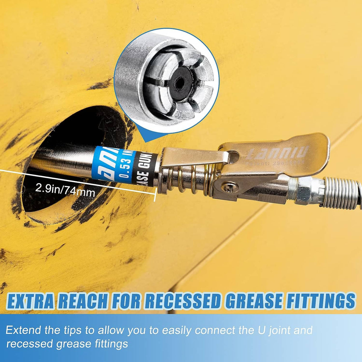 Grease gun coupler with extended reach tip for recessed grease fittings on a yellow machine