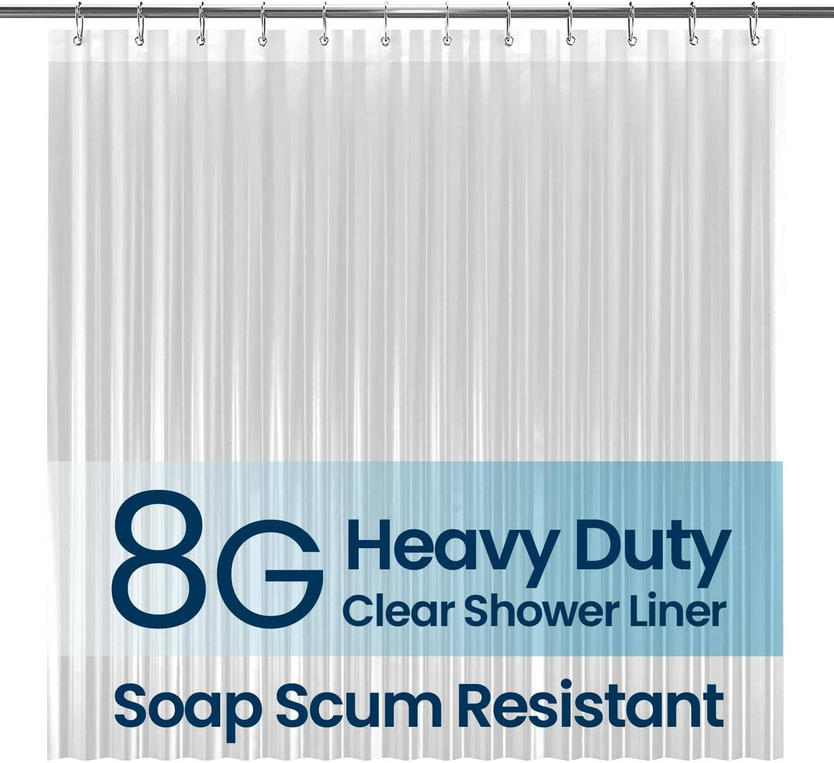 Clear PEVA shower curtain liner with grommet-top header for hanging
