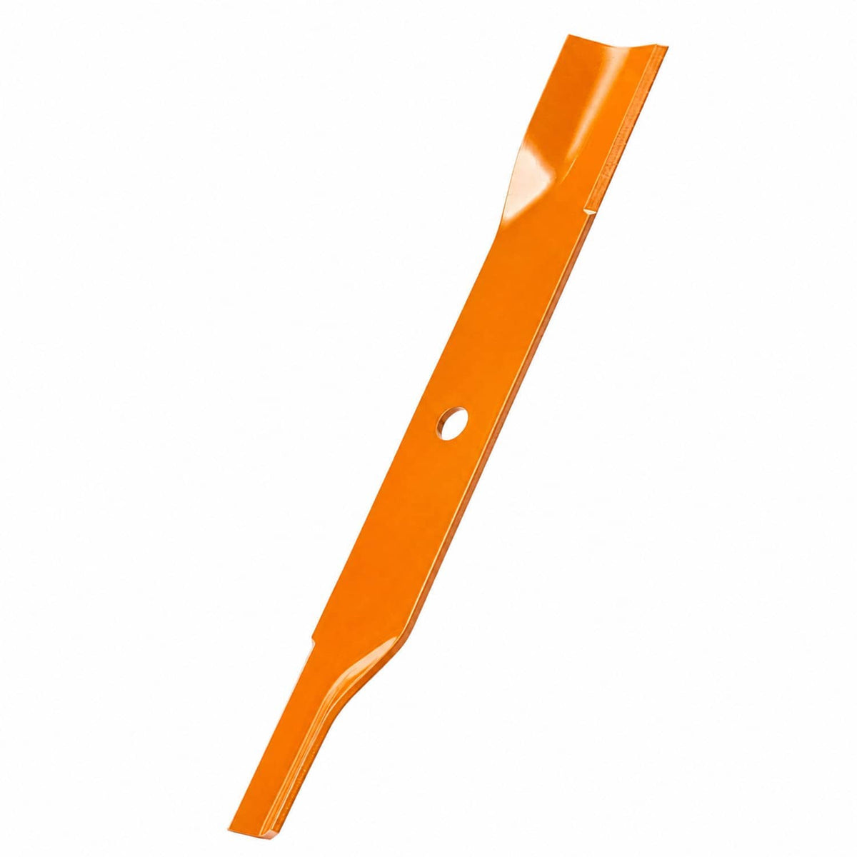 Single orange mower deck blade with round mounting hole