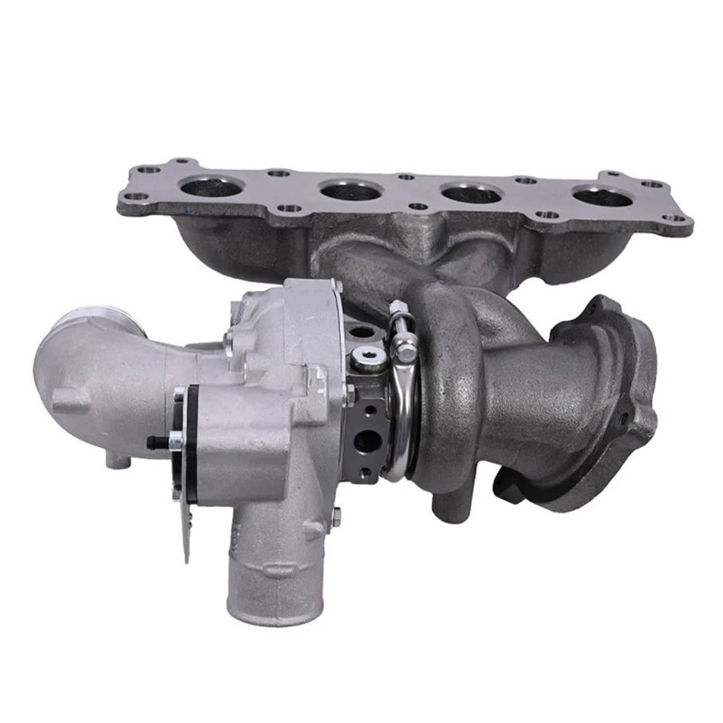 Turbocharger with cast housing and mounting flange, silver and dark metal parts