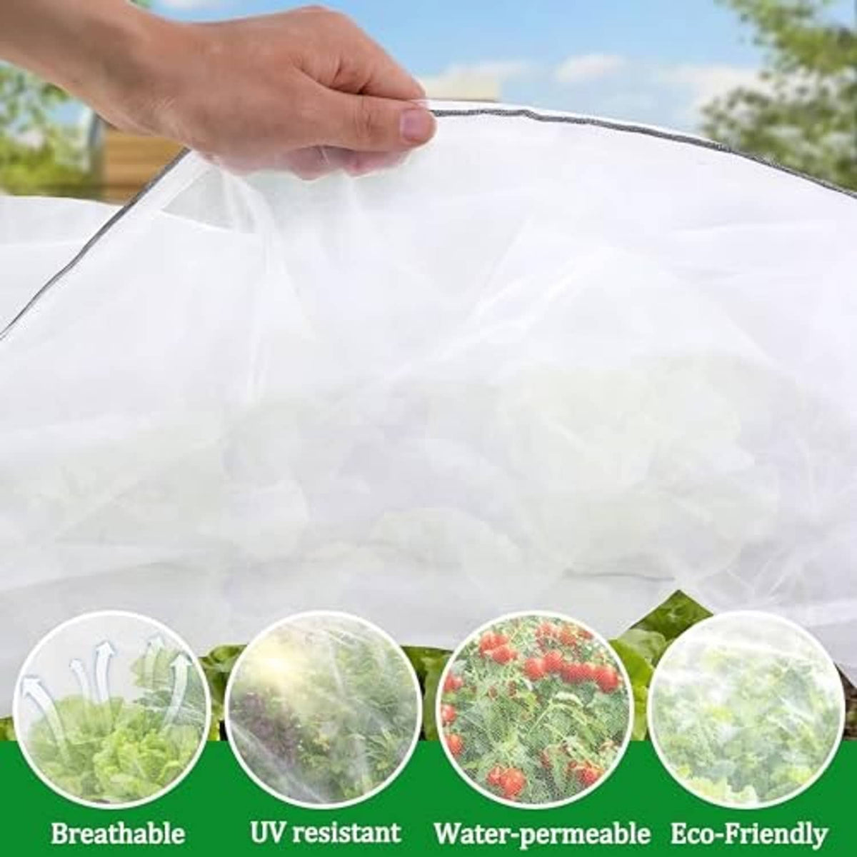 Translucent white garden netting sheet held open; mesh texture visible