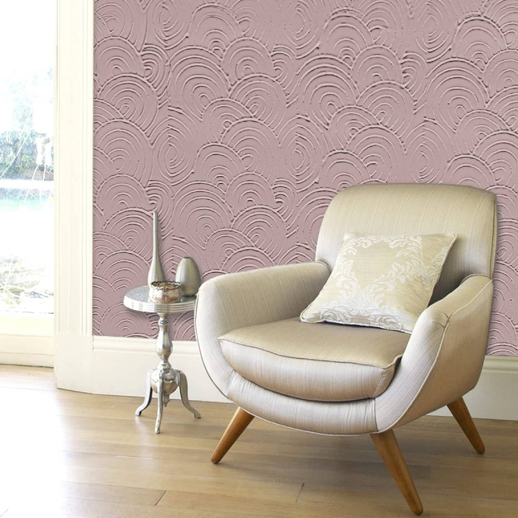 Embossed wall texture with repeating scalloped ridges in mauve