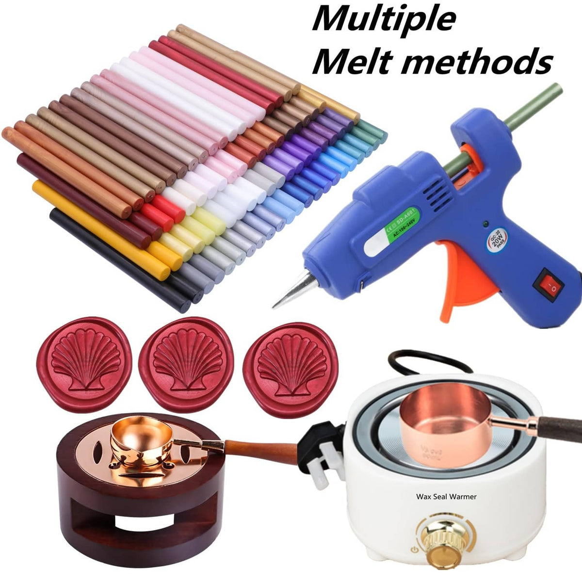 Wax seal kit with blue glue gun, wax seal warmer, and multiple colored seal discs.
