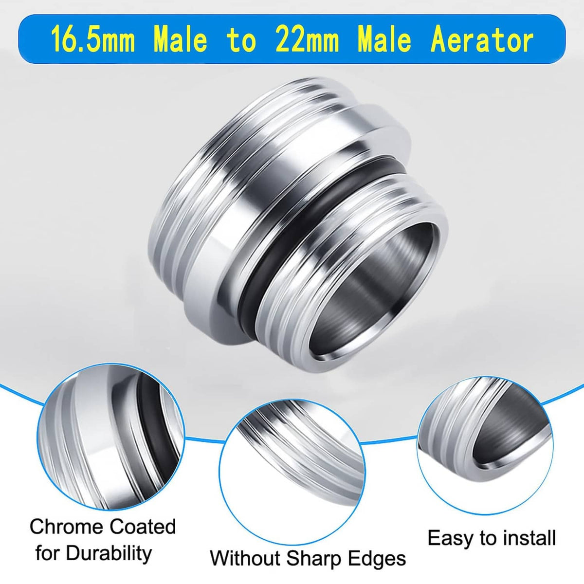 Chrome-plated faucet aerator adapter, 16.5 mm male to 22 mm male threads