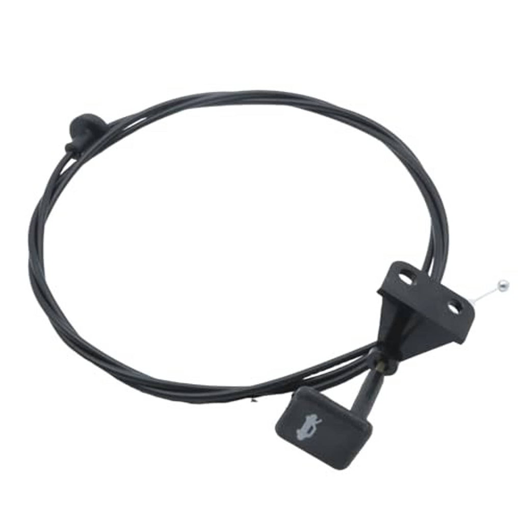 Black hood latch release cable wire with mounting bracket, two loop handles, and metal ball end