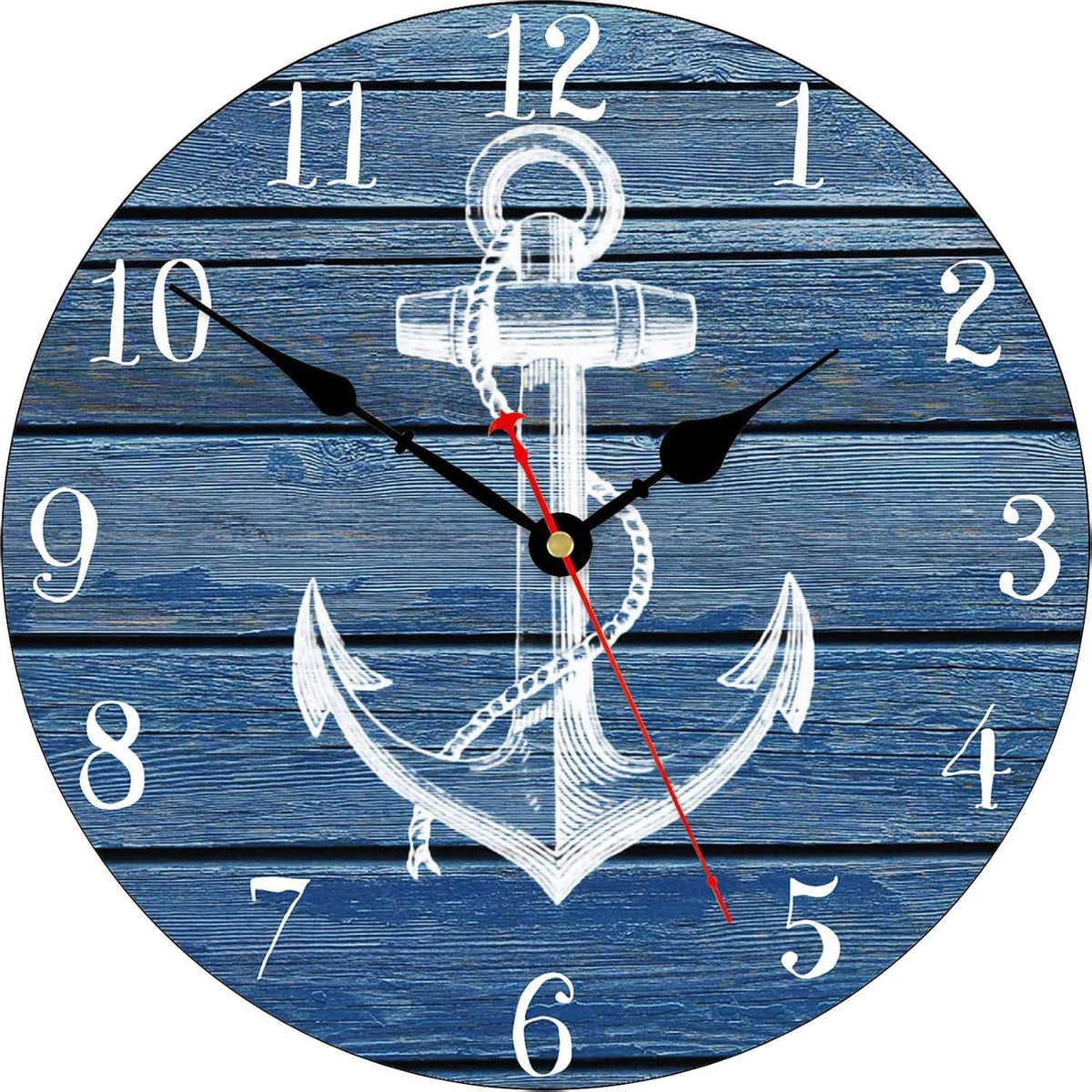 Round nautical wall clock with blue woodgrain face, white anchor, black hands, red second hand