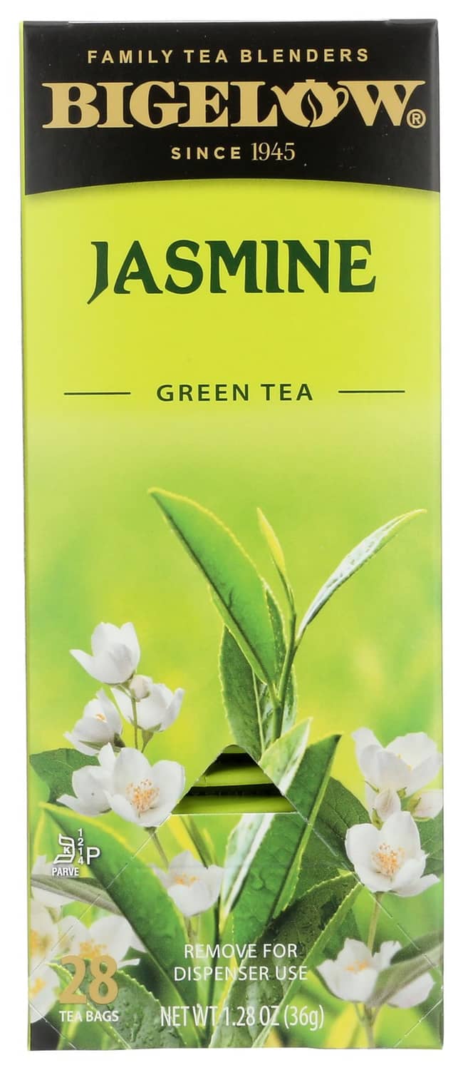 Bigelow Jasmine green tea box, 28 tea bags, with jasmine flowers illustration