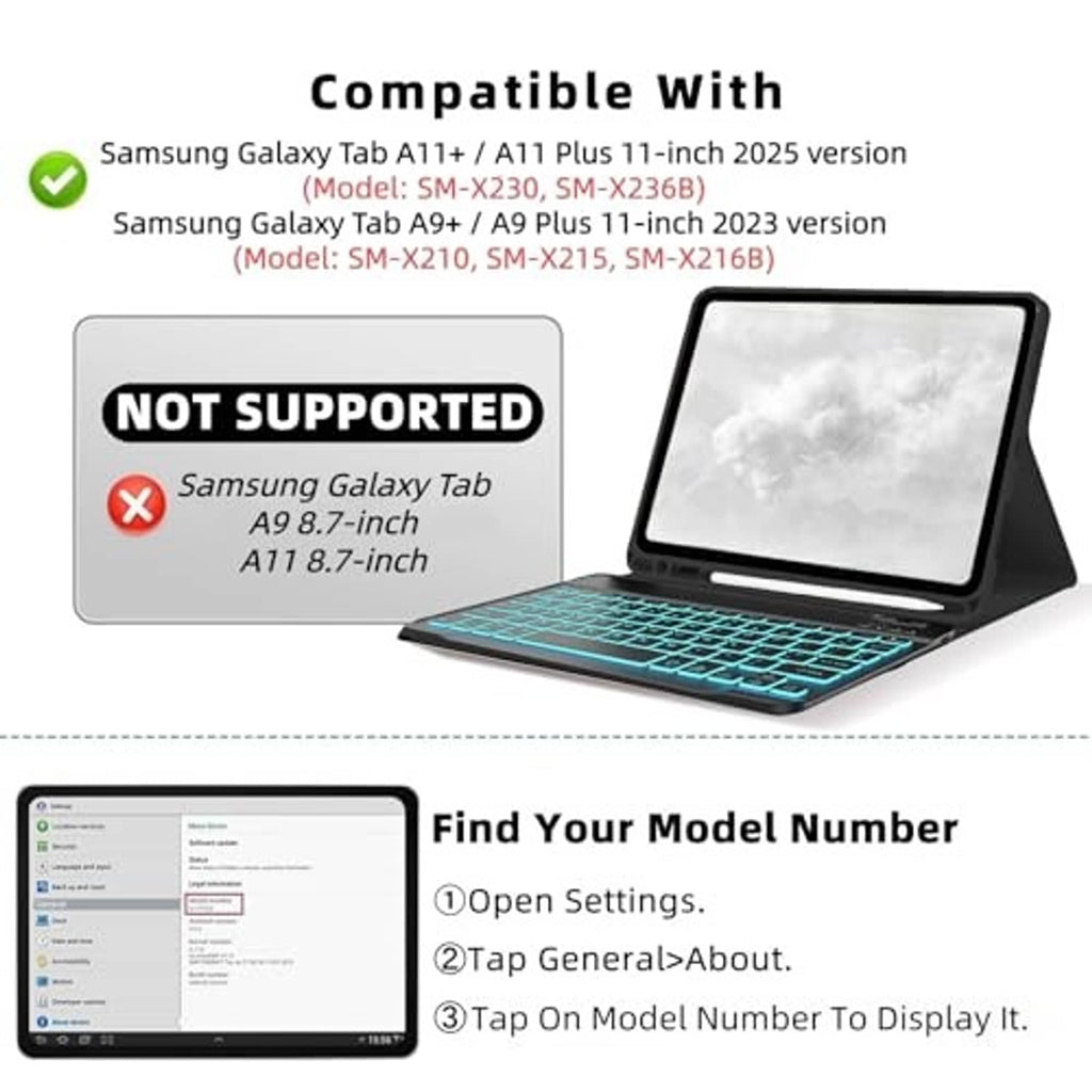 Tablet keyboard case with kickstand and backlit keyboard, showing the tablet screen