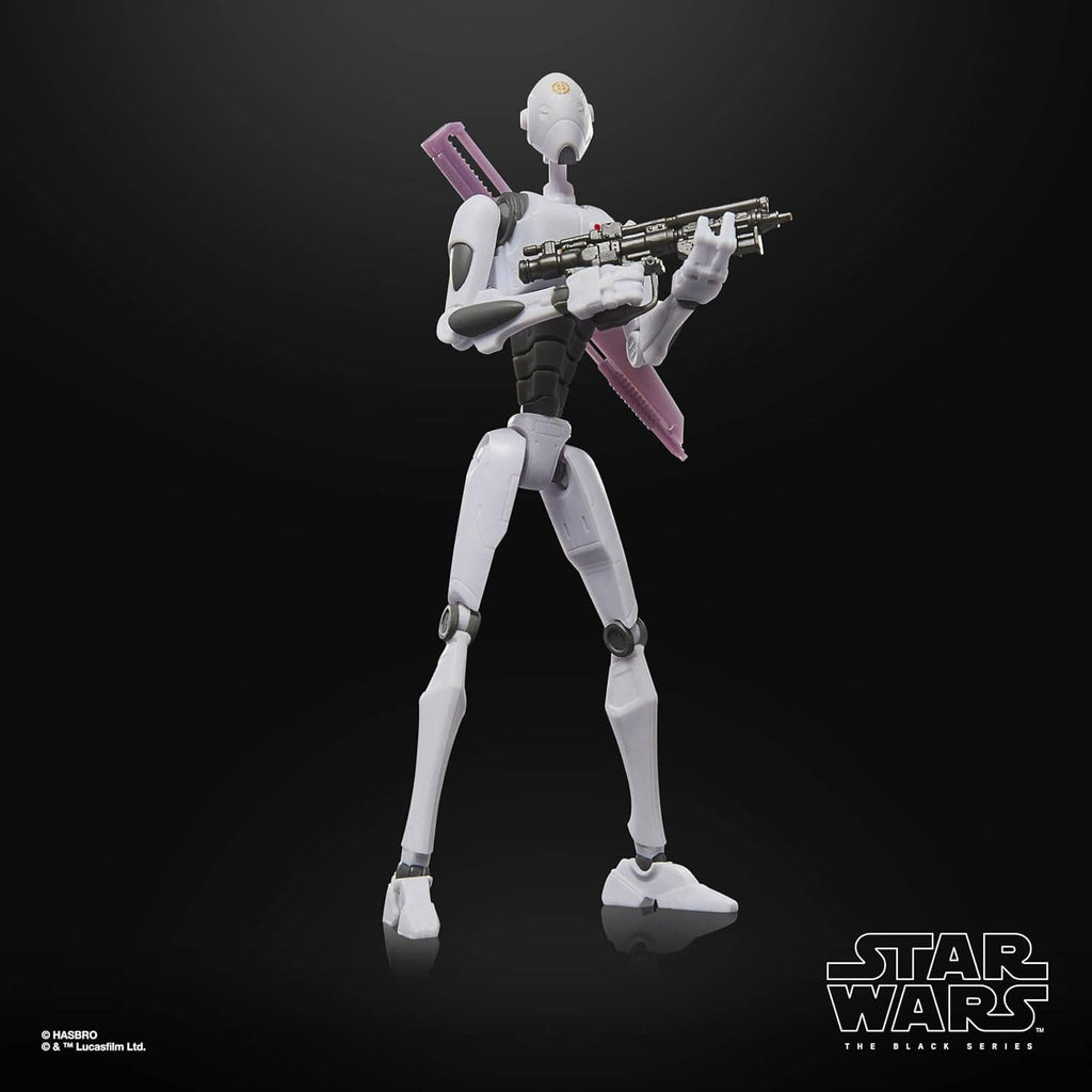 Star Wars Black Series Commando Droid action figure holding rifle and purple blade