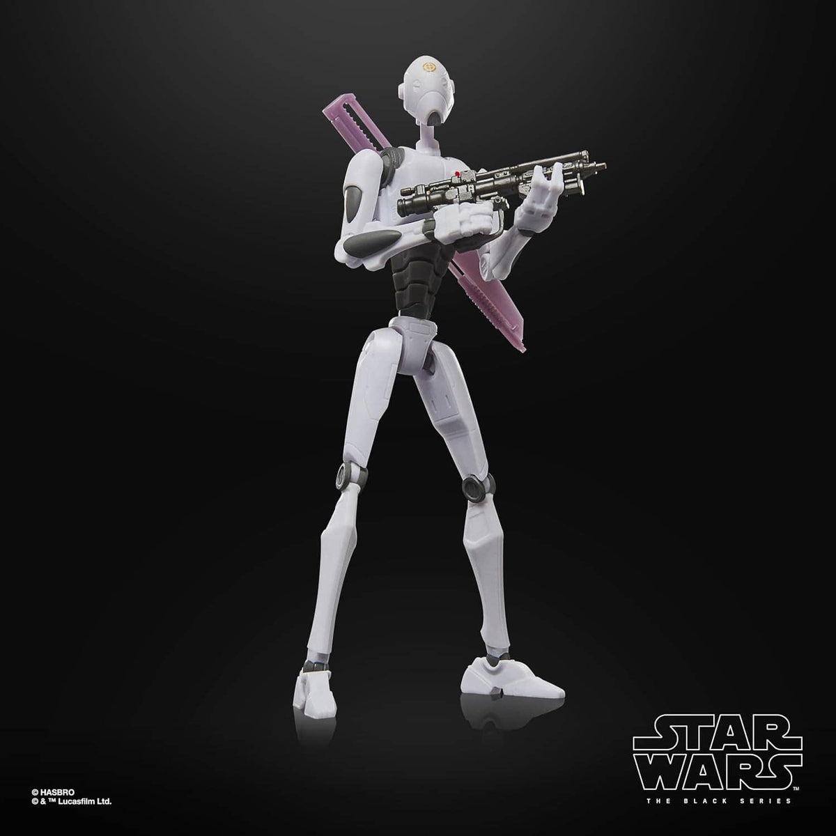 Star Wars Black Series Commando Droid action figure holding rifle and purple blade