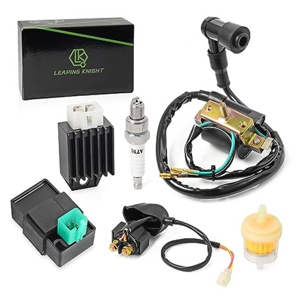 Ignition coil regulator and CDI kit with wiring harness, spark plug, and filter