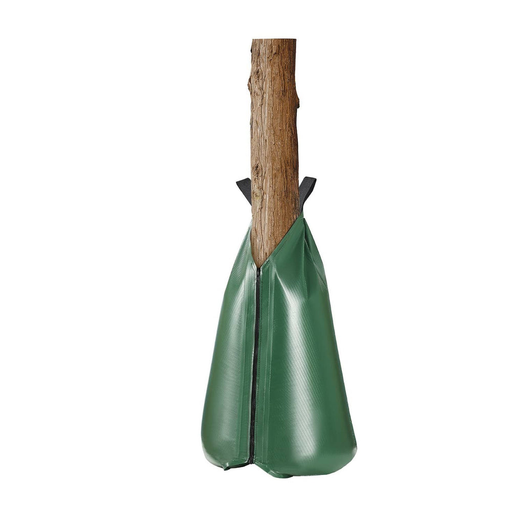 Green tree watering bag in conical shape with front seam and hanging straps