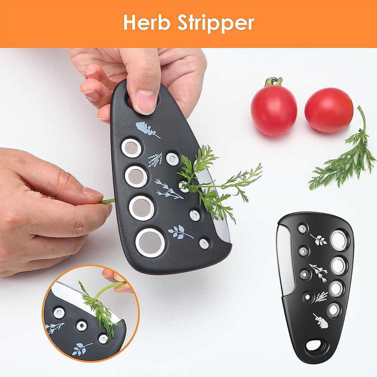Black herb stripper tool with small circular cutouts; stripping herbs from stems