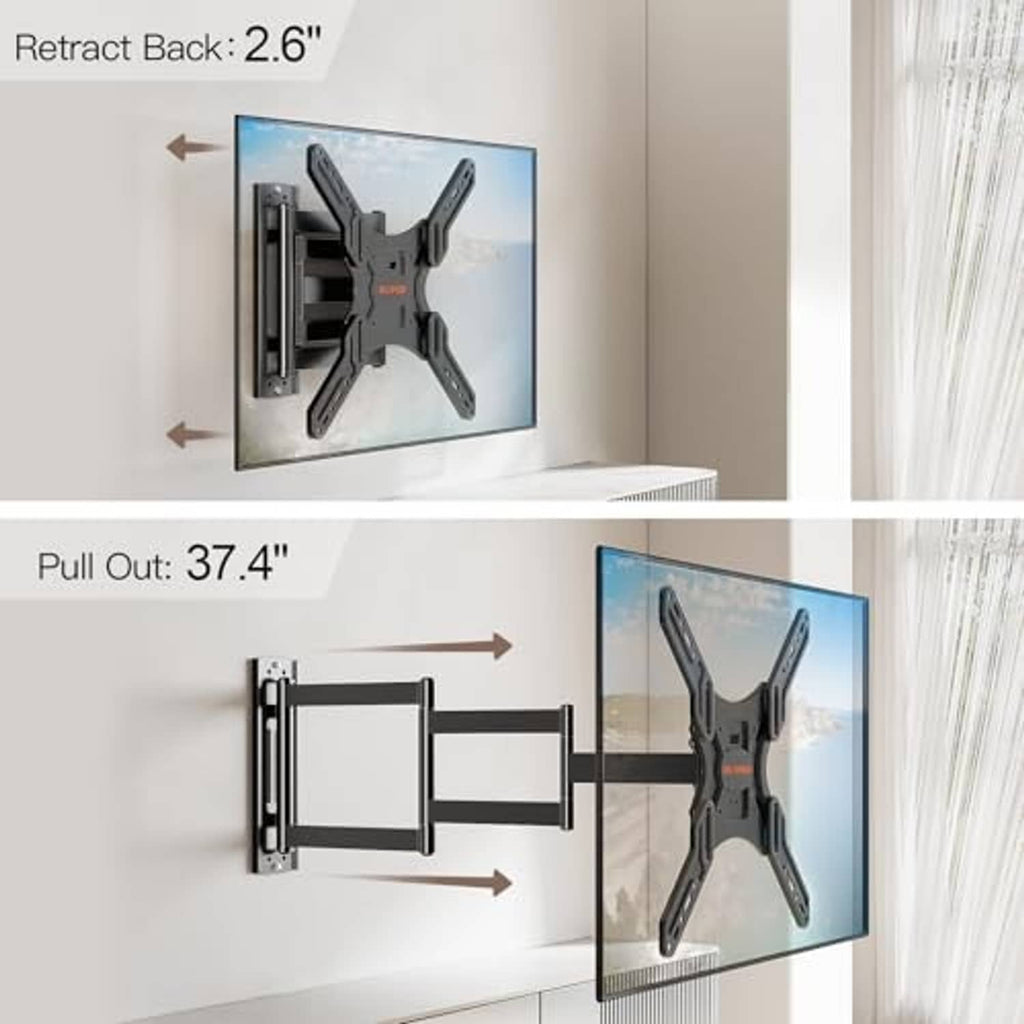 Black TV wall mount with long articulated arm shown extended from the wall
