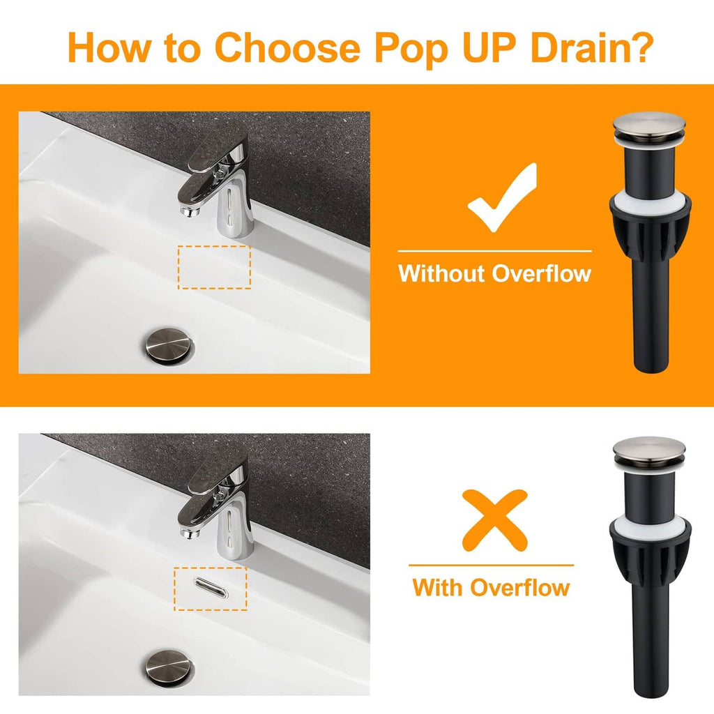 Vessel sink pop-up drain, no-overflow design, brushed nickel top on black drain body