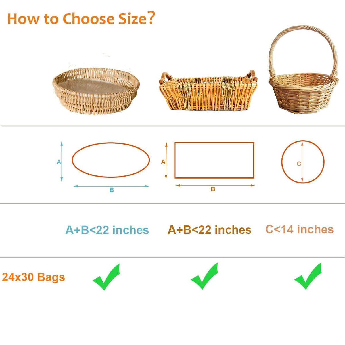 24x30 shrink wrap bag size guide diagram with checkmarks