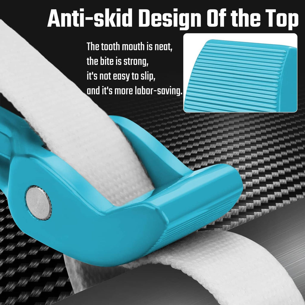 Blue strap wrench with anti-skid grip mouth and wide woven polyester strap.