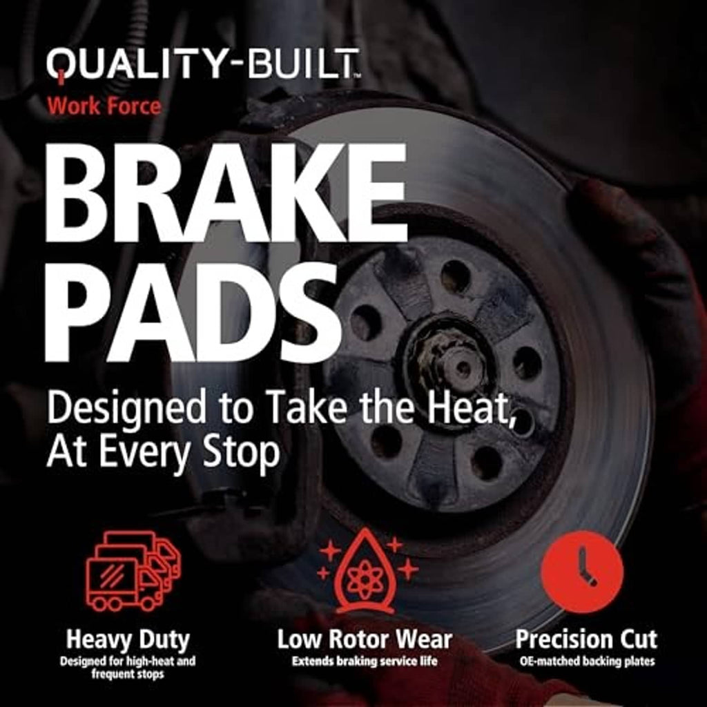 Brake pads product performance graphic featuring a front pad and heat-focused design callouts