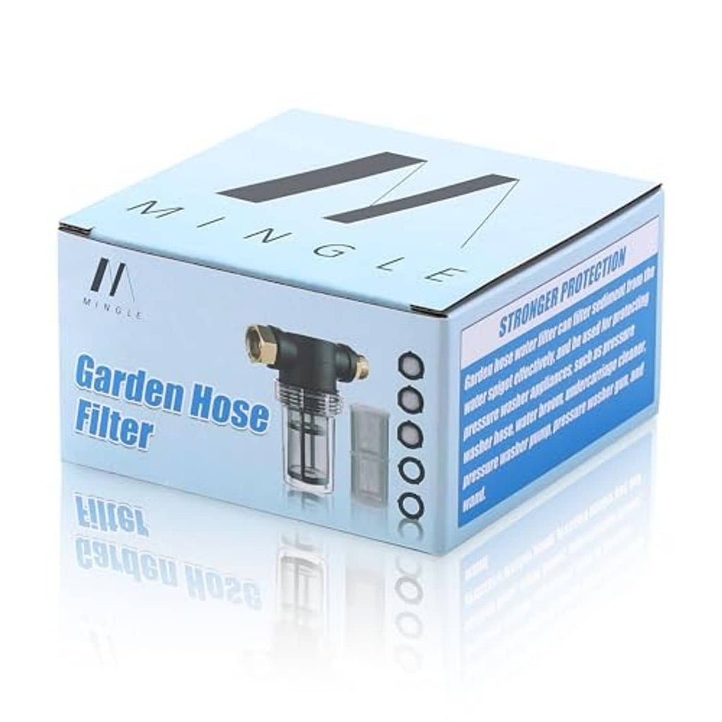 Product packaging box for garden hose inline water filter with blue printed graphic