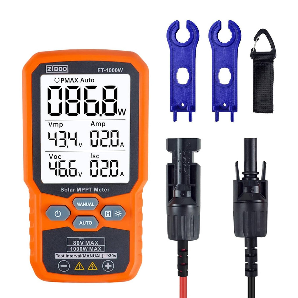 Orange solar MPPT meter tester with LCD display, blue clamps, and black carry strap.