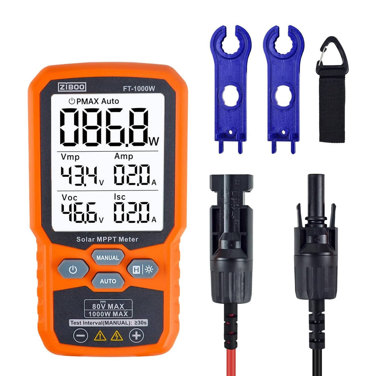 Orange solar MPPT meter tester with LCD display, blue clamps, and black carry strap.