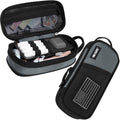 Small zippered pencil case pouch in dark grey with top carry handle and front strap
