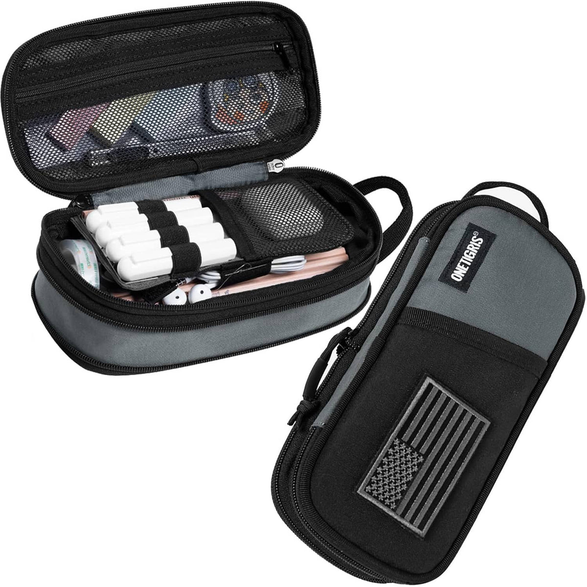 Small zippered pencil case pouch in dark grey with top carry handle and front strap