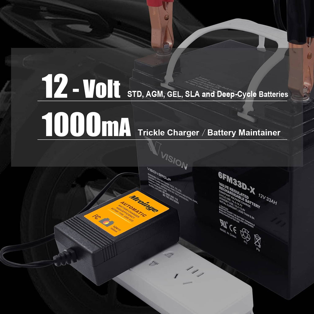 12V trickle battery charger with connected cables and clamp terminals for AGM/GEL batteries.
