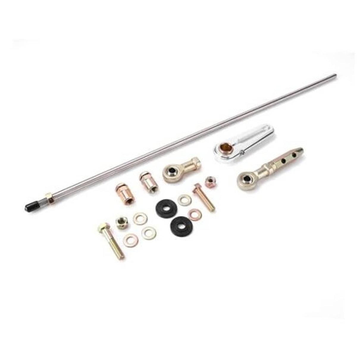 Adjustable column shift linkage kit with long steel rod and small hardware pieces