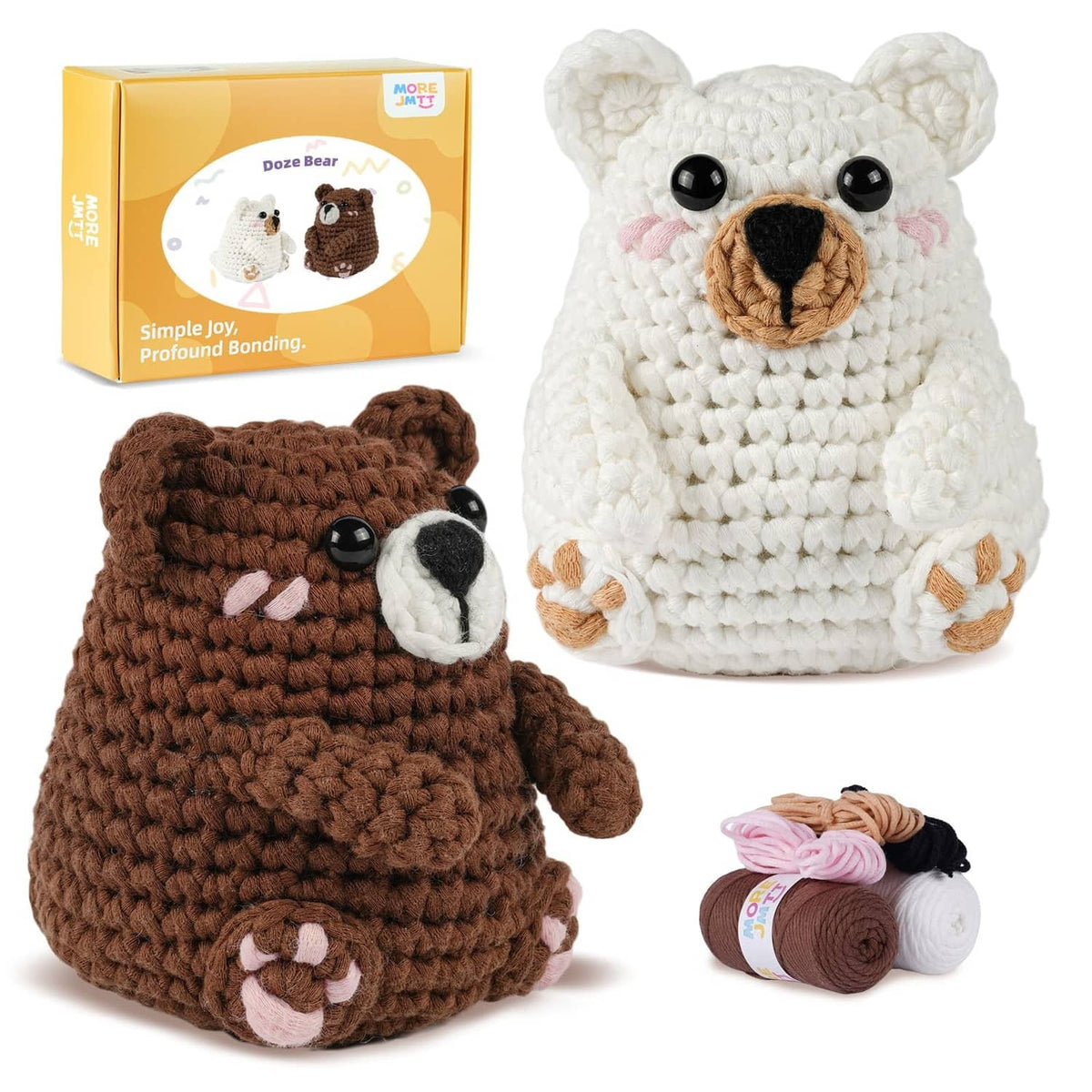 Crochet kit with brown and white bear plush toys, including yarn and accessories