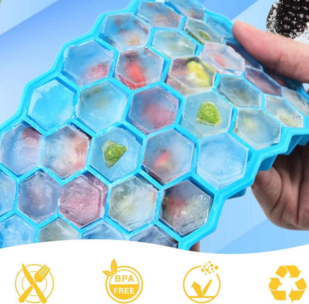 Blue silicone honeycomb ice cube tray close-up with hex-shaped ice cubes