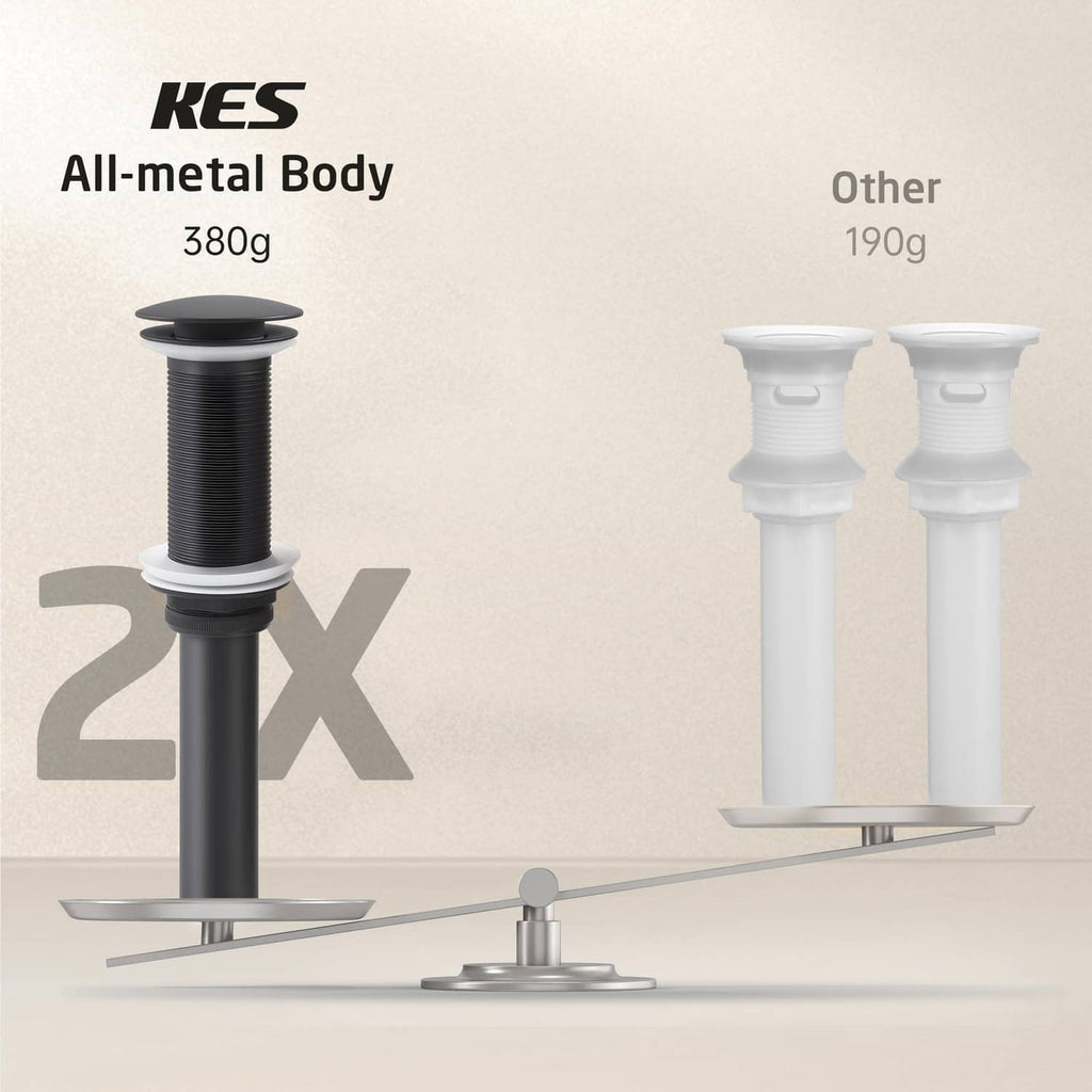 Matte black all-metal pop-up sink drain, 2X solid build compared to plastic