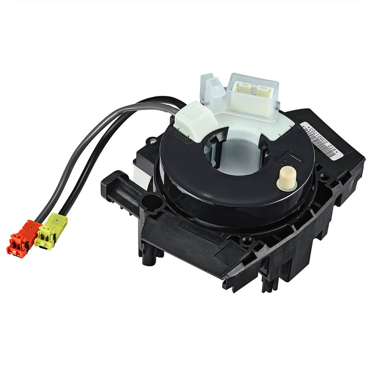 Clock spring spiral cable assembly with black housing, white coil center, and two colored plug ends