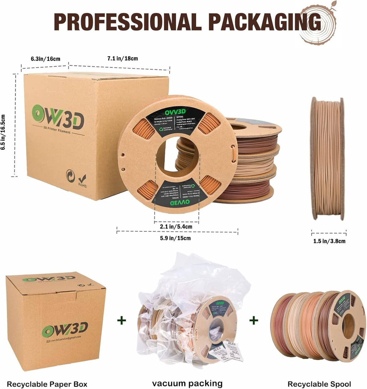 Wood PLA filament bundle with cardboard box, vacuum packaging, and recyclable spool