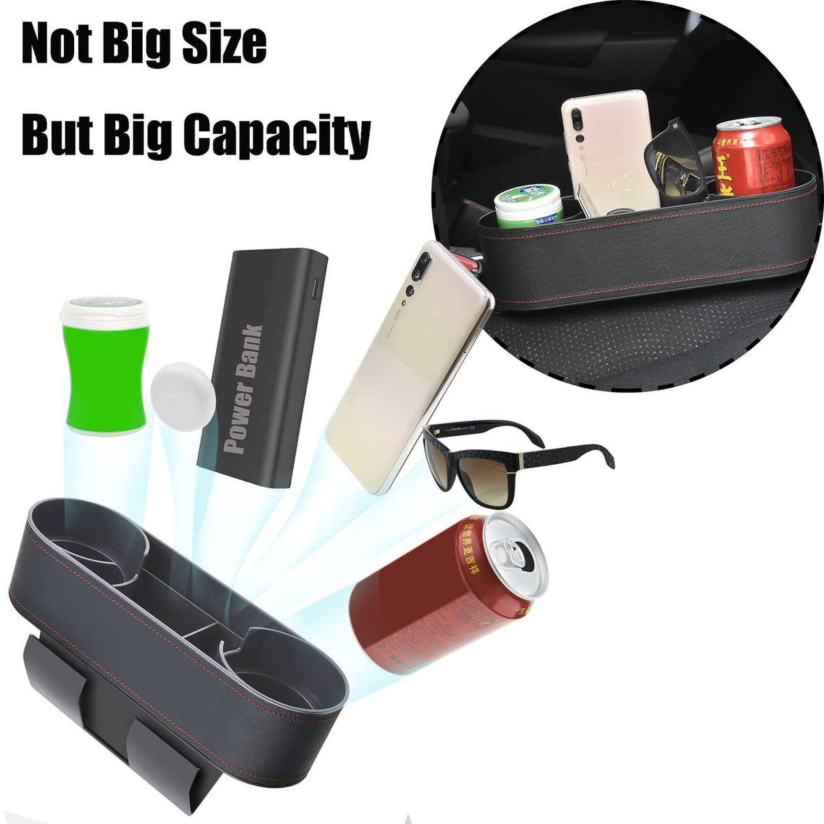 Black car cup holder storage tray with red-stitched edge holding bottles and cans