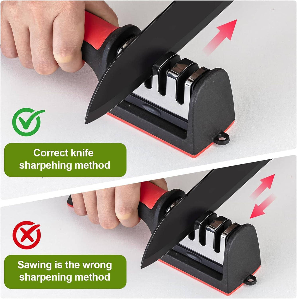 Manual knife sharpener in use, with knife blade inserted into the sharpening slots
