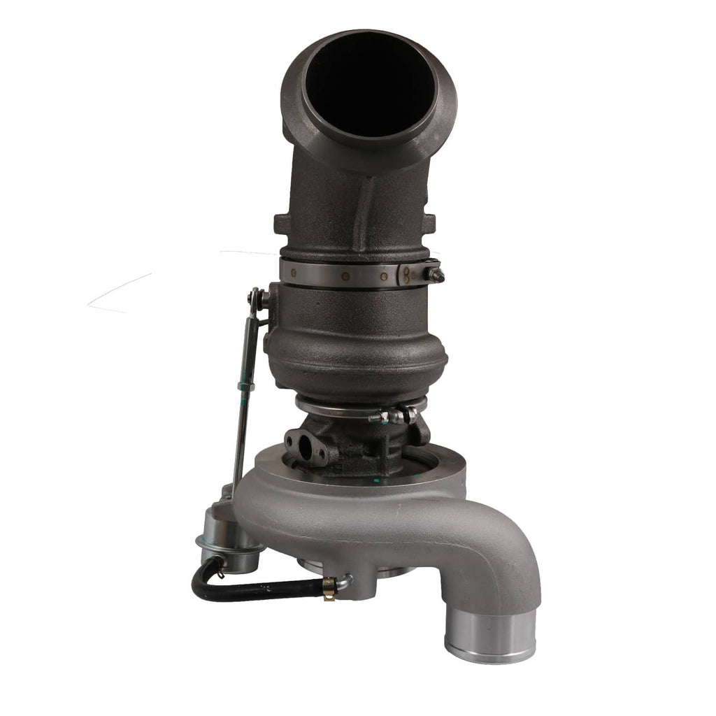 Turbocharger with large inlet opening, curved intake pipe and mounting flange