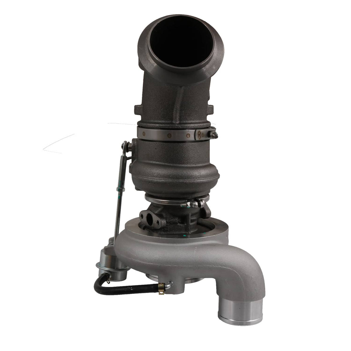 Turbocharger with large inlet opening, curved intake pipe and mounting flange
