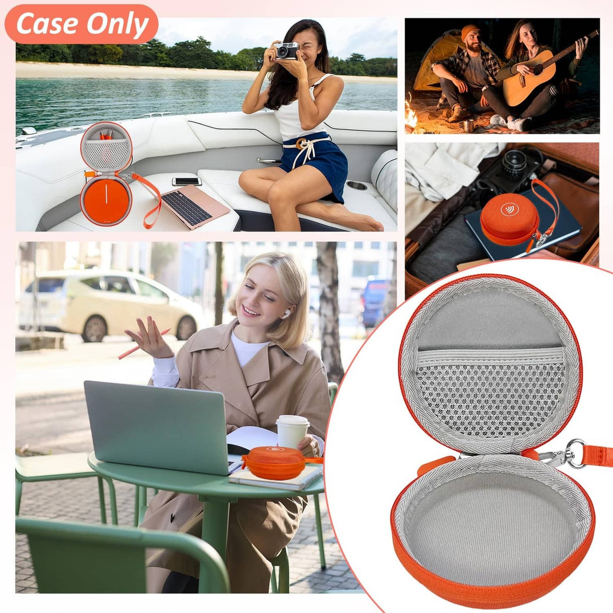 Orange round travel hard case with zipper, gray interior and mesh pocket for a device