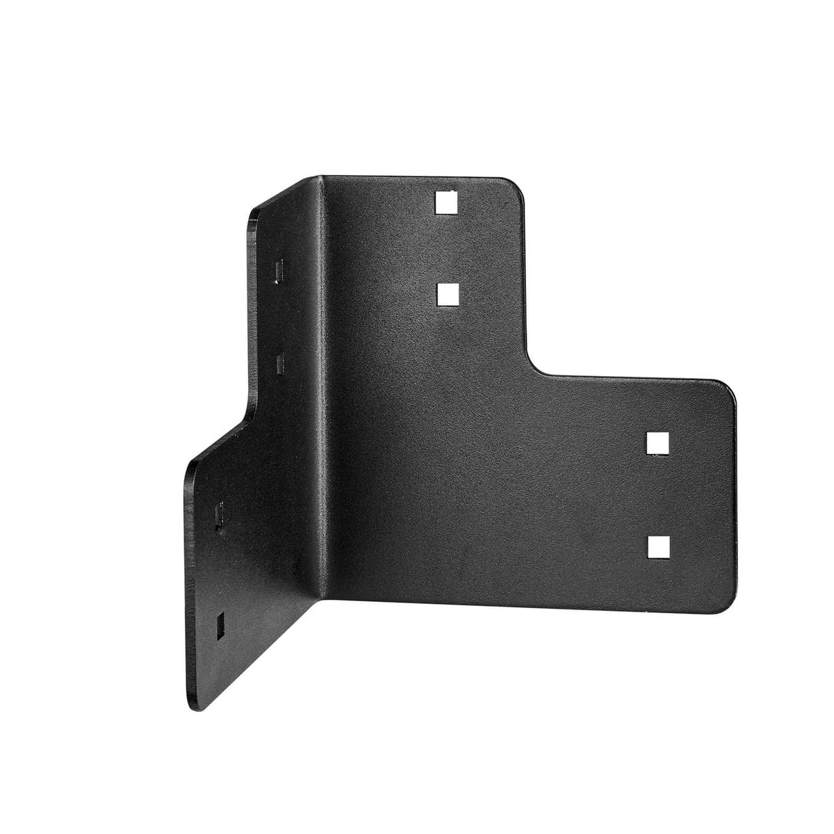 Black L-shaped steel corner bracket with four predrilled holes on mounting plates