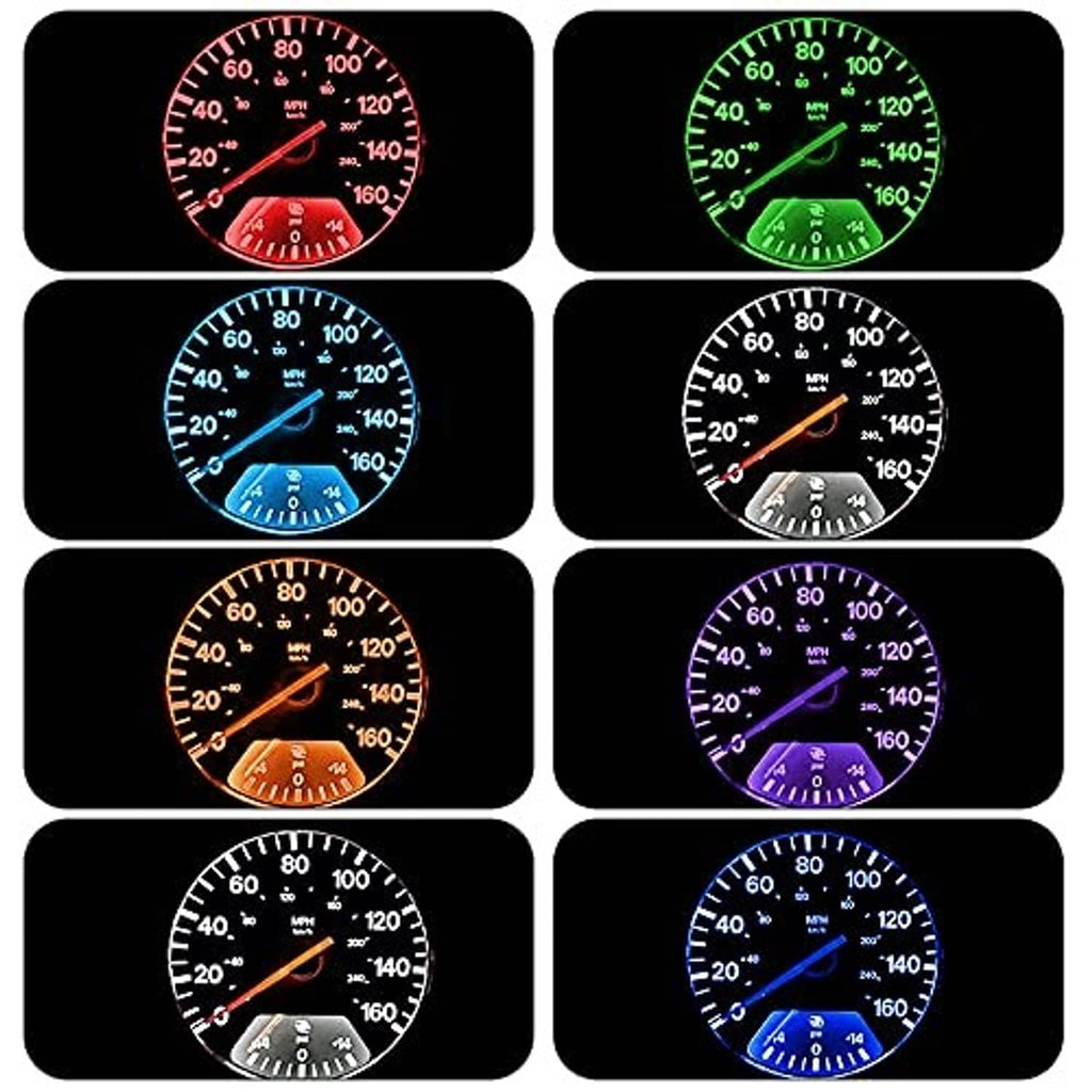 Car gauge lights in multiple colors: red, green, blue, orange, purple tones